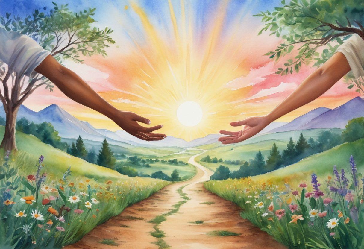 A resilient person, both hopeful and determined, standing at a crossroads surrounded by symbolic representations of various therapeutic options such as herbal remedies, meditation, and modern medicine. The backdrop features a sunrise, symbolizing new beginnings and survival, with vibrant greenery and a winding path leading towards wellness. Infuse elements of unity and support, like hands reaching out in encouragement. watercolor style. soft pastels. emotional depth.