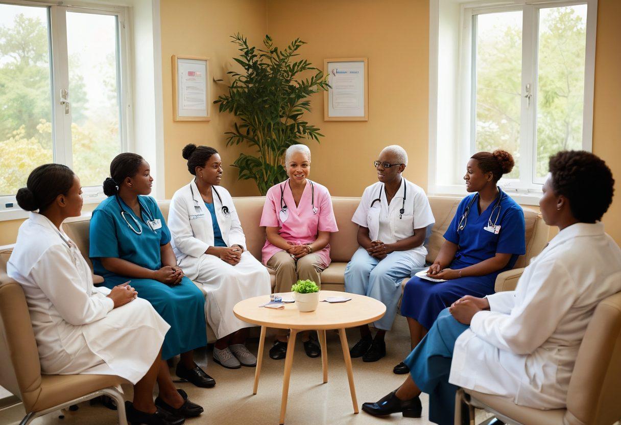 A comforting scene depicting a diverse group of patients and healthcare professionals engaged in a collaborative discussion about cancer care. Include elements such as informative brochures, a colorful cancer awareness ribbon, and serene, supportive surroundings like a bright hospital room or a peaceful garden. Showcase hope and empowerment through warm smiles and reassuring body language. super-realistic. vibrant colors. soft lighting.
