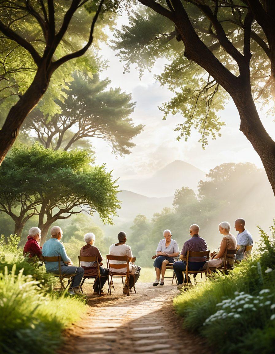 A serene landscape showing a diverse group of cancer survivors passionately sharing their stories, symbolizing strength and hope. Include elements like sunlight breaking through clouds, a winding path leading towards a bright horizon, and lush greenery to represent growth and resilience. Incorporate cozy support circles and symbolic ribbons in the scene. soft focus. warm colors. uplifting atmosphere.